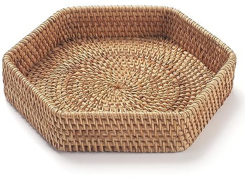 Esagonale Rattan Vassoi da Portata per il Tavolino da Caffè Tessuti Vassoi Cestino Decorativi per Ottomano Naturale (22cm x 4.5cm)