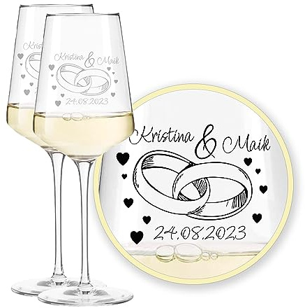 LEONARDO Puccini Weinglas Ringromance, Hochzeitsglas mit Gravur personalisiert mit Namen, Wunschtext, Datum, Weißweinglas Kelchglas 560 ml, Hochzeitsgeschenk für Brautpaar