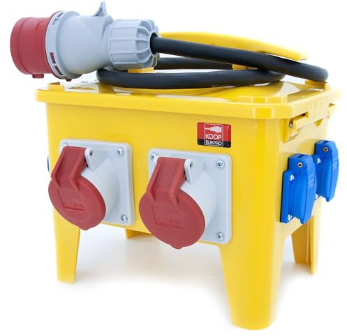 Mobiler Steckdosenverteiler, fest Baustellenverteiler-Box mit FI/LS und BALS Schuko Steckdosen 4x 230V / 2x CEE 16A / 1x CEE 32A, Verteiler tragbar IP44 mit 1,5m Leitung OPD 5G 4mm² für Außenbereich
