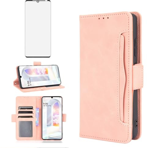 Asuwish Handyhülle für LG Velvet 5G/4G Hülle mit Glas Folie Schutzfolie Kartenfach Klappbar Leder Geldbörse Ständer Handyhüllen LMG910EMW LM-G910EMW Handy Hüllen Schutzhülle Cover Phone Case Roségold