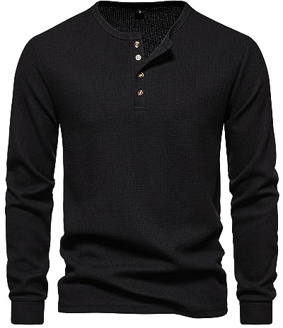 Men’s Henley Long Sleeve T Shirt Smart Casual Waffle Grandad Shirts | Slim Fit, Knitted, Solid Color, Collarless Jumper Tops, Basic T-shirt with Button Placket