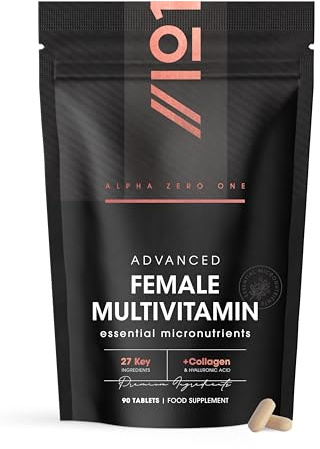 Women's Multivitamins & Minerals with Collagen & Hyaluronic Acid - 27 Essential Vitamins, Minerals, & Botanicals - 90 Tablets – No Synthetic Fillers or Binders – by Alpha01