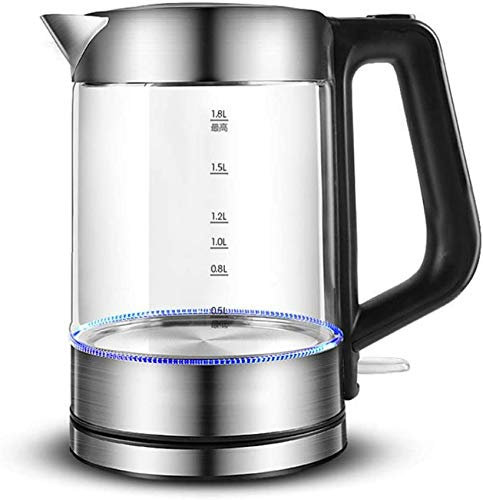 Bouilloire électrique en verre, bouilloire à thé sans fil de 1,8 L avec LED éclairée, fond du couvercle intérieur en acier inoxydable, protection contre l'ébullition et le séchage automatique, pour