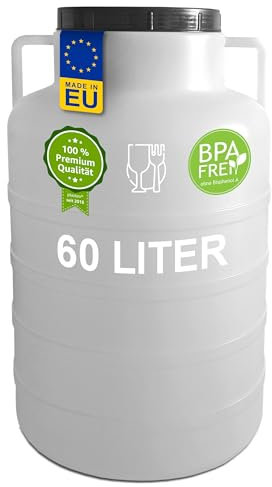 Plasteo® Barril de boca ancha de 60 litros, natural, redondo, con tapa y asas, apto para alimentos y sin BPA, barril de plástico universal, barril de agua, barril de lluvia, barril de almacenamiento