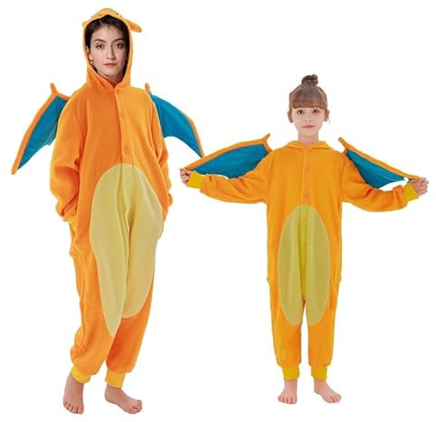 Udekit Karikatur Roter Drache mit Stehendem Flammen Schwanz Schlafoverall, Roter Dinosaurier Strampler Pyjamas Nachtwäsche Cosplay Kostüm Halloween Karnevalsparty für Kinder von 9 bis 12 Jahren