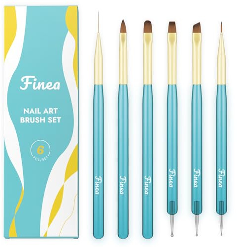 Finea Nail Art Brushes and Dotting Tools 6pcs Set for Builder Gel Polygel Gel Polish Paint Design with Flat, Round, Thin Liner, French Tip, Small Detail Painting, 3D Acrylic Flower Brushes, Gold Blue