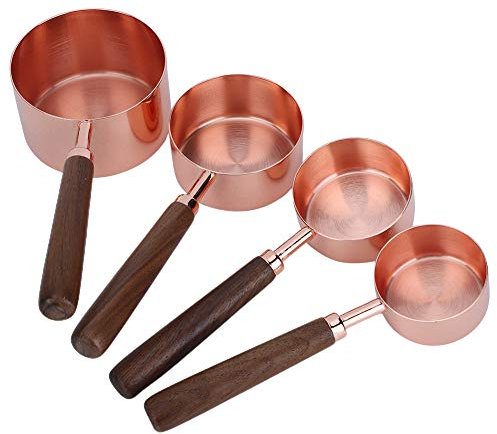 Rose Gold Measuring Cups and Spoons Set with Walnut Handle Baking Tool for Home, Stainless Steel