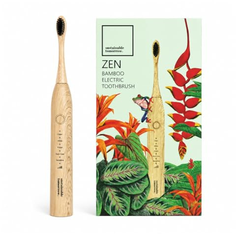 Sustainable Tomorrow Zen Bamboo Electric Toothbrush, Durable Wood-Grain ABS Handle, Rechargeable w/Plant-Based Soft Bristles, Bamboo Heads, 5 Modes & 30-Day Battery