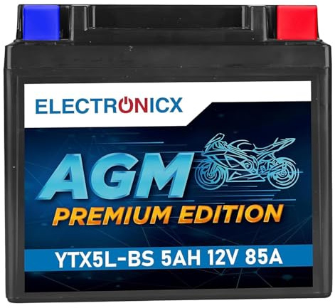 Electronicx AGM Motorradbatterie YTX5L-BS 12V 5Ah 85A – wartungsfreie, versiegelte, auslaufsichere, vibrationsfeste Starterbatterie – kompakt – für Motorrad, Roller, Quad und ATV geeignet