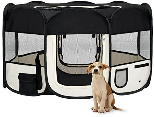 DYRJDJWIDHW käfig Hund,hundegitterbox,hundezwinger Indoor,Faltbarer Welpenlaufstall mit Tragetasche Schwarz 145x145x61 cmEntworfen für Garten und Terrasse.
