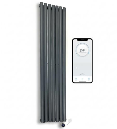 Greened House Anthracite WiFi Smart Electric Radiator Oval Tube 1600 x 420 | Vertical, Single Panel, Tall, Column Radiator, 7 Day Programmable Timer, App Compatibility