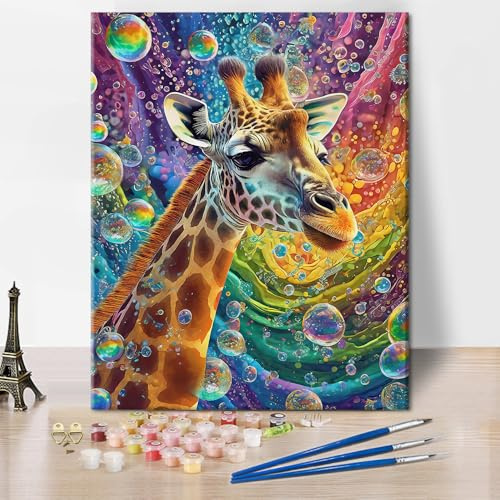 TISHIRON Giraffe Malen nach Zahlen für Erwachsene Anfänger, Buntes Ölgemälde als Geschenk für die Wand, DIY Malen nach Zahlen für Erwachsene auf Leinwand Tiermotiv 40 x 50 cm(rahmenlose)
