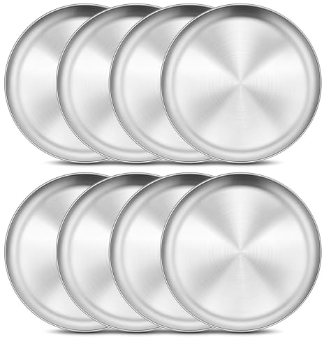 Onader 8-Piece 18/8 Stainless Steel Plates, 7.8 Inch 304 Metal Dinner Camping Plates, Kids Toddlers Round Serving Dishes, Dishwasher Safe