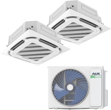A++ AUX, kit de aire acondicionado 36000 BTU (10,5 kW) – Unidad exterior + 2 cajas de techo 18000 BTU – Refrigerante R32 – Blanco – Aire acondicionado silencioso para 2 habitaciones grandes – listo