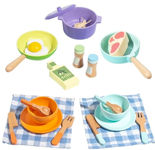 Caossuixin Kinderküche Zubehör Holz, 21PCS Spielküche Zubehör Holz, Küchenzubehör Kinder, Rollenspiel Kinderküche Spielzeug Set, Holzspielzeug Küche Geschenk für Jungen und Mädchen ab 3 4 Jahren