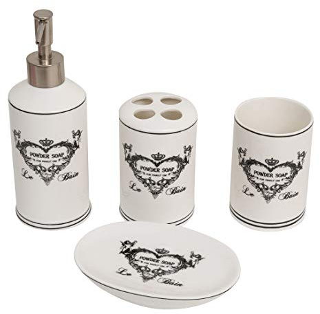 Biscottini Set d'accessoires de salle de bain 4 pièces en céramique | Style Vintage Le Bain | Distributeur de savon liquide, porte-brosse à dents, verre, porte-savon | Ensemble de salle de bain