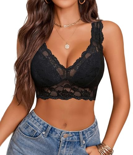 Avidlove Crop Tops pour Femme sous-vêtement en Dentelle Top Sexy Encolure en V sans Armatures Festival Noir L