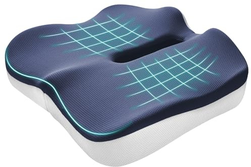 EvenVentric Memory Foam Seat Cushion-Coccyx Cushion for Tailbone Pain & Sciatica Relief, Breathable Chair Cushions with Anti-Slip Base for Office Chair, Car, Travel, Gaming, Long Sitting,Blue