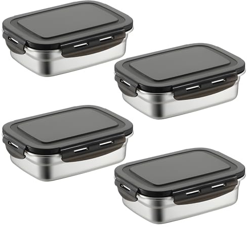 Packool 4 PCS Stainless Steel Food Storage Containers, 20 oz Leakproof Lunch Container Set with Plastic Lids, Bento Box for Meal Prep, Airtight Snack Box for Kitchen, Freezer, Travel, Office, School