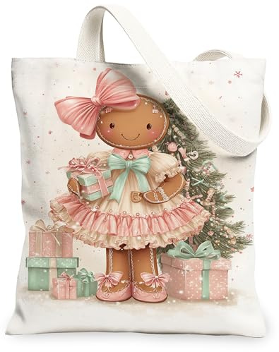 Sacs fourre-tout en toile de pain d'épice de Noël, design mignon de poupée de vacances, vintage, léger, lavable, sacs en toile F, Blanc, 13x15 Inch