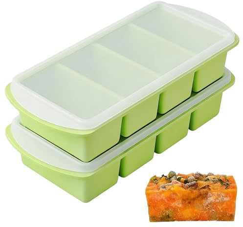 Paquete de 2 bandejas de silicona para congelador, cubos de hielo de silicona de 1000 ml con tapa, aptos para microondas y lavavajillas, recipientes de congelador de 4 compartimentos para sopa, caldo