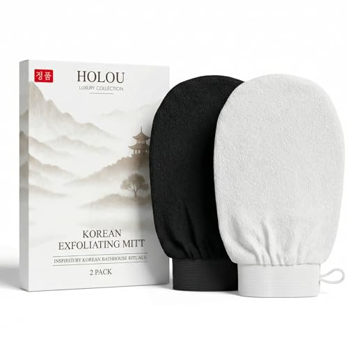 Korean Exfoliating Mitt 2 Pack – Dual Density Exfoliating Glove & Dead Skin Remover, 150D & 250D Body Exfoliator for Fake Tan Removal, Smooth Skin & Ingrown Hair – Holou