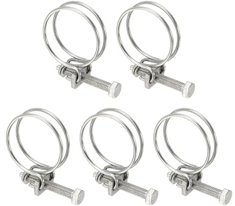 sourcing map 5 Pcs Double Wire Hose Clips 34-38 mm Stainless Steel Adjustable Wire Pipe Tube Clamps with M6 Screw Plumbing Joint Fastener for Dust Collection Pool Pond, Silver