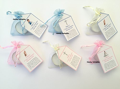 Bespoke Candy Delights 20 x 1st Holy Communion DIY Organza Bag, Candle & Personalised Tag Favours