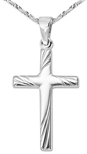 CLEVER SCHMUCK Halskette Mini Kreuz 18 mm matt mit glänzenden bogenförmigen Linien verziert Kette Singapur 45 cm Sterling Silber 925 im Schmucketui
