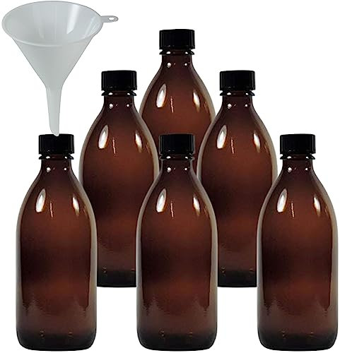 mikken - 6 flaconi medici marroni da 200 ml, per farmacia, da laboratorio, made in Germany e senza BPA, con imbuto, vetro, 6 pezzi