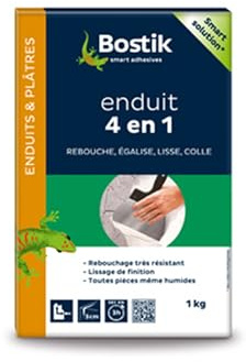 Bostik Enduit Mural 4 en 1 Poudre - 1 Boîte Carton 1 kg | Rebouche - Égalise - Lisse et Colle - Intérieur - Toutes Pièces Même Humides - Tous Supports