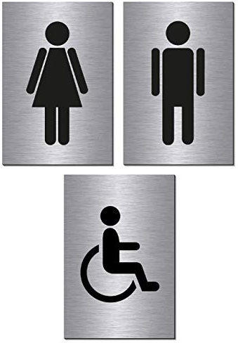 3er Set-Mann-Frau-Rollstuhl-Behinderte-Symbol-Toilette-Klo-WC-Schild 150 x 100 x 3 mm-Aluminium Edelstahloptik silber mattgebürstet Hinweisschild-Warnschild (3er Set Nr. 3 = 3 Stk. mit Klebepats)