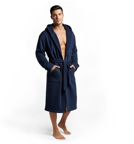 DudeRobe Mens Robe – Hooded TERRY Bath Robe for Men with Pockets | Soft, Comfy Men’s Bathrobe from Shark Tank | Absorbent Cotton Hooded Robes for After Shower, Lounging, Gym & More, Navy Blue, 2XL/3XL