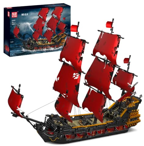 Mould King 13109 Technik Segelboot Modell,The Queen Annes Revenge Großes Rotes Piratenschiff Clamping Blocks Kit 3139 Teile Groß MOC Technologie Königin Annes Rache Klemmbausteine Bausatz
