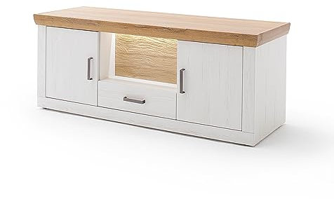 Lomadox TV-Lowboard 154 breit mit offenem Fach inkl. LED Beleuchtung in Pinie weiß mit Eiche Nb., Landhausstil, TV Schrank, TV Board, Fernsehschrank, Fernsehtisch, B/H/T ca. 154/62/50 cm