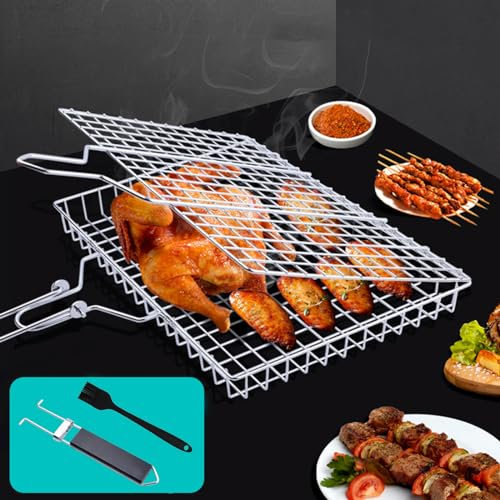 Portable BBQ Grill Basket, Stainless Steel Fish Grilling Basket with Removable Wood Handle, Foldable BBQ Fish Grill Holder Come with Basting Brush, Grill Basket Perfect for Shrimp Fish Vegetables Meat