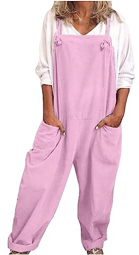 Linen Dungarees for Women - Casual Summer Wide Leg Jumpsuit Overall With Large Pockets, One Piece Oversized Leisure Suit for Holiday and Outings
