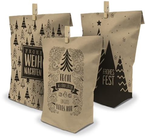 itenga Geschenktüten I Papiertüten I Bodenbeutel aus Papier I Weihnachtsmotive I Geschenk zum Füllen I 17x26 cm (24x Geschenktüte plus Klammern - 3 Motive (je Motiv 8))