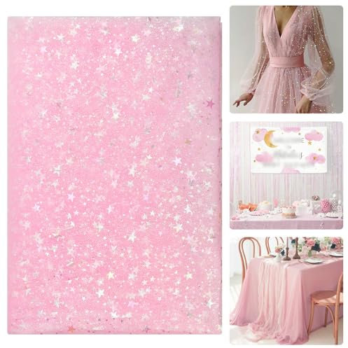 SLTAXAR Tessuto in Tulle con Glitter Rosa 160x200cm Tulle con Paillettes Glitterate Bobina di Tulle Glitter Tessuto di Tulle con Paillettes per Decorazione per Matrimoni Confezioni Regalo e Fai da Te