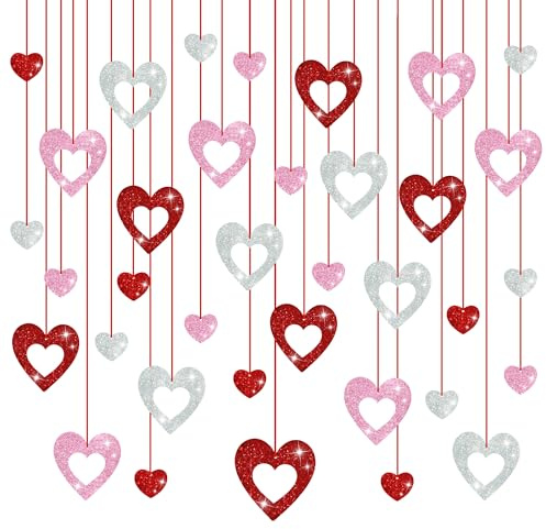 36 Pcs Valentine's Day Decorations Glitter Heart Hanging Swirls - No DIY Red Pink Silver Heart Hanging Decorations Party Decoration Swirls Ornaments for Valentines Day Party Supplies Decorations