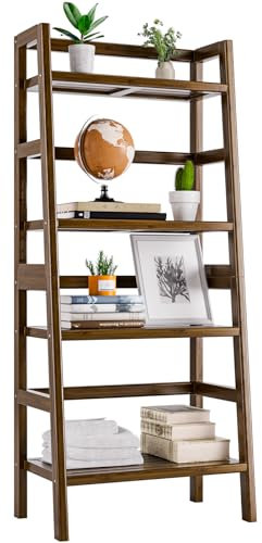 HITNET Libreria a Scala Noce, Scaffale 4 Ripiani in Bambù, Indipendente Scaffali Portaoggetti per Soggiorno, Camera da Letto e Ufficio