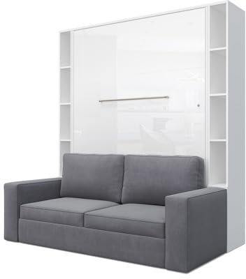 MAXIMAHOUSE Schrankbett vertikal mit Sofa und 2 Regalen, Invento LED 140V mit Lattenrost aus Holz, Wandklappbett 140x200 modern Concept und Design (Weiß/Weiß Glanz + graues Sofa + Regalen)