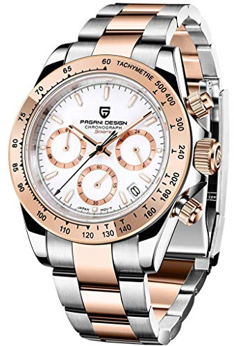 Pagani Design Klassische Quarzuhr für Herren, Japanisches Uhrwerk VK63, Keramik-Lünette, Edelstahl, wasserdicht, Business Sport, Chronograph Datum