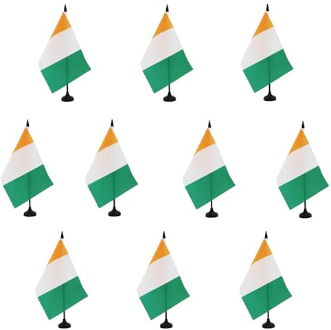AZ FLAG Lot de 10 Drapeaux de Table Côte d'Ivoire 21x14 cm Socle Plastique | Usage intérieur Drapeau de bureau ivoirien finition cousue et bords renforcés avec mât en plastique et socle en plastique