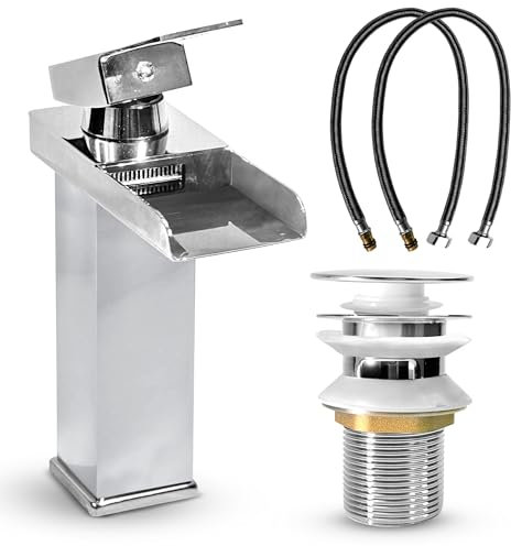 MSC Chrome 18.40cm Tall Waterfall Tap for Bathroom Sink - Mixer Tap with Mono Square Single Lever, Modern Durable Solid Brass Construction and Smooth Water Flow, Silver