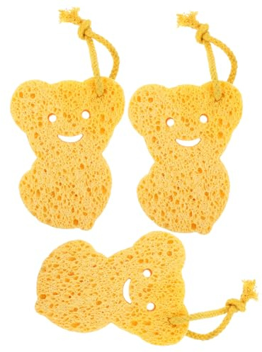 Esponja de Baño 3 Piezas de Celulosa de Pulpa de Madera | Color Amarillo, Varios Estilos, Uso en Baño y Ducha, Tacto Suave y Absorbente Estilo Aleatorio