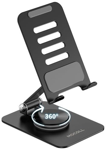 MOCOLL Metal Cell Phone Stand for Desk,360 Rotating,Fully Adjustable Foldable,Non-Slip Stable base,Compatible with All Phones, Nintendo Switch, Black