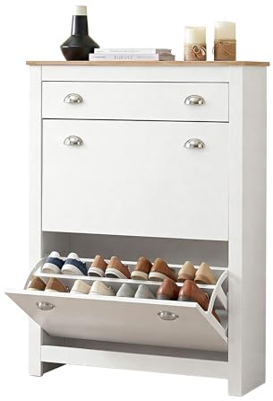 Shoe Storage Cabinet with 2 Flip Drawers & 1 Drawer Narrow Wooden Shoes Rack Cabinet, Freestanding Shoe Organizer Storage for Entryway, Hallway White 87.5W x 26D x 110H cm