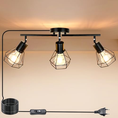 HiBay Wandlampe mit Schalter und Stecker E27 Deckenstrahler 3 Flammig Schwarz Wandleuchte innen mit Kabel 5M Drehbare 350° Deckenspots Max.60W Ohne Leuchtmitte | Deckenspots mit Kabel 5M Drehbare 350° Metall Wandlampe für Küche Wohnzimmer Schlafzimmer Max.60W Ohne Leuchtmittel