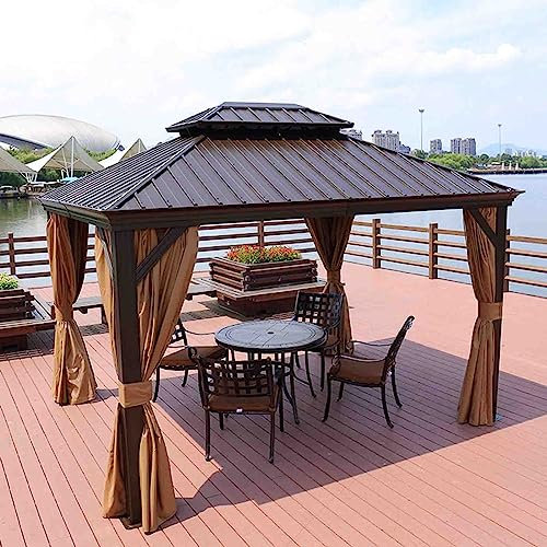 Tonnelle d'extérieur à toit rigide en aluminium avec double auvent en acier galvanisé, rideaux et filets pour patios, terrasses, arrière-cour